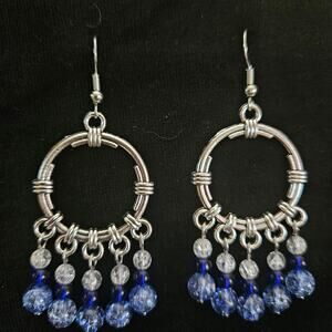 Antique silver hoop and round blue crackle glass chandelier earrings